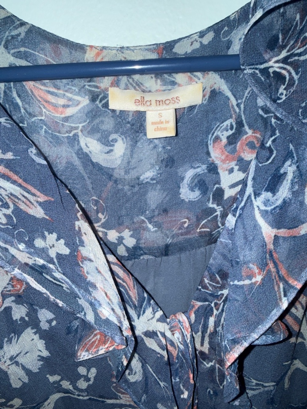 Ella Moss Navy Floral Tie-Front Blouse with Coral Accents
